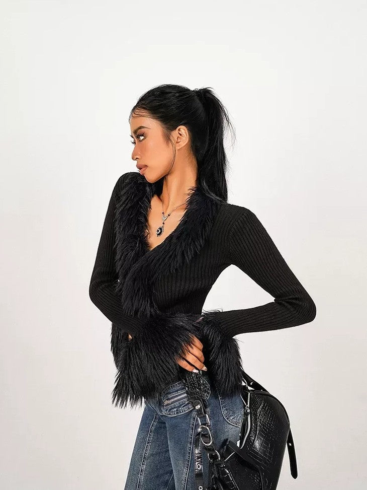 Nico Molly Fuzzy Tie V-neck Fringe Bell Sleeve Cropped Slim Fit Women&