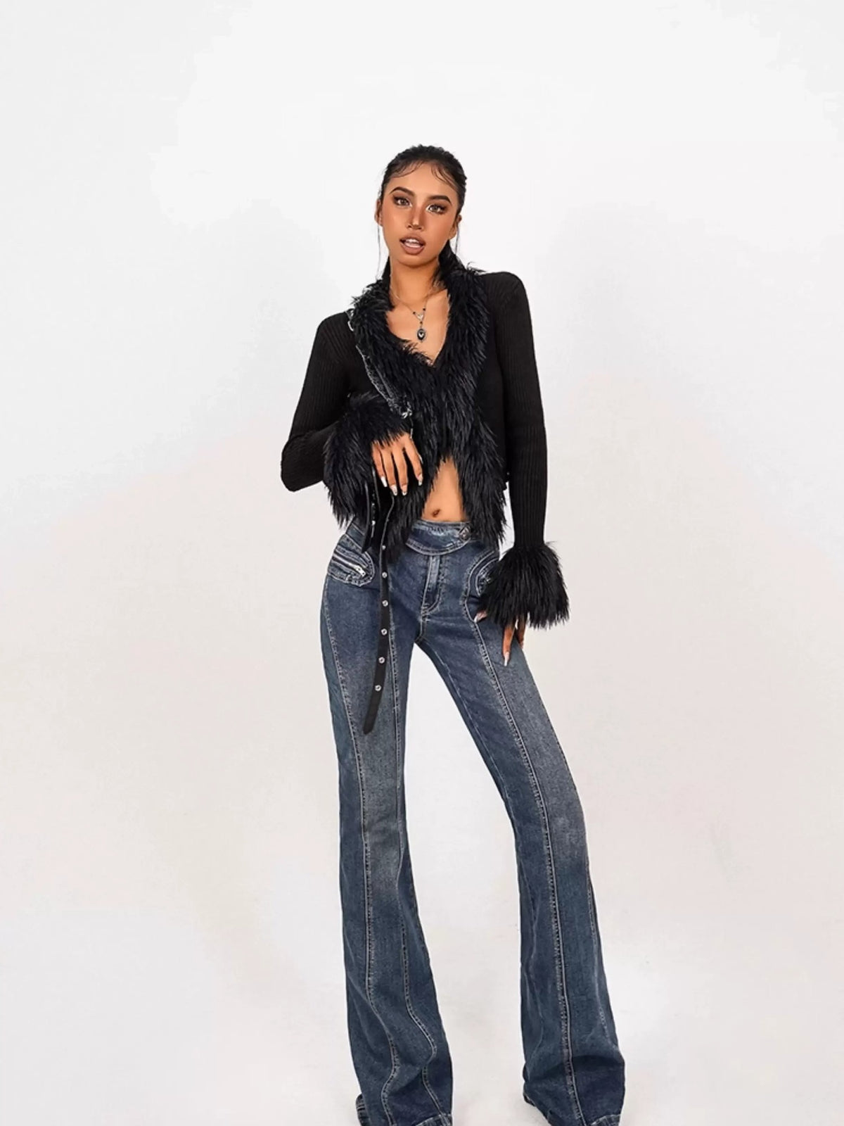 Nico Molly Fuzzy Tie V-neck Fringe Bell Sleeve Cropped Slim Fit Women&