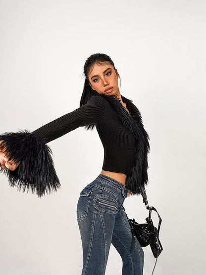 Nico Molly Fuzzy Tie V-neck Fringe Bell Sleeve Cropped Slim Fit Women&