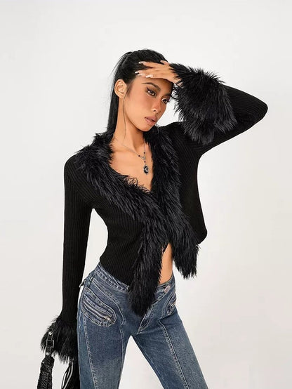Nico Molly Fuzzy Tie V-neck Fringe Bell Sleeve Cropped Slim Fit Women&