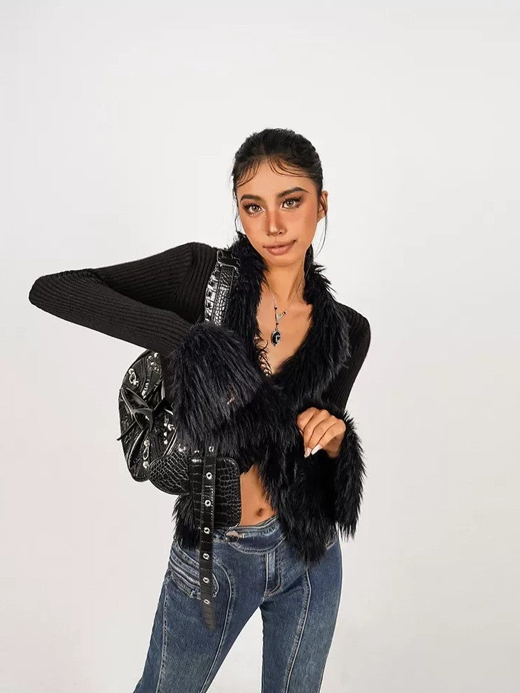 Nico Molly Fuzzy Tie V-neck Fringe Bell Sleeve Cropped Slim Fit Women&