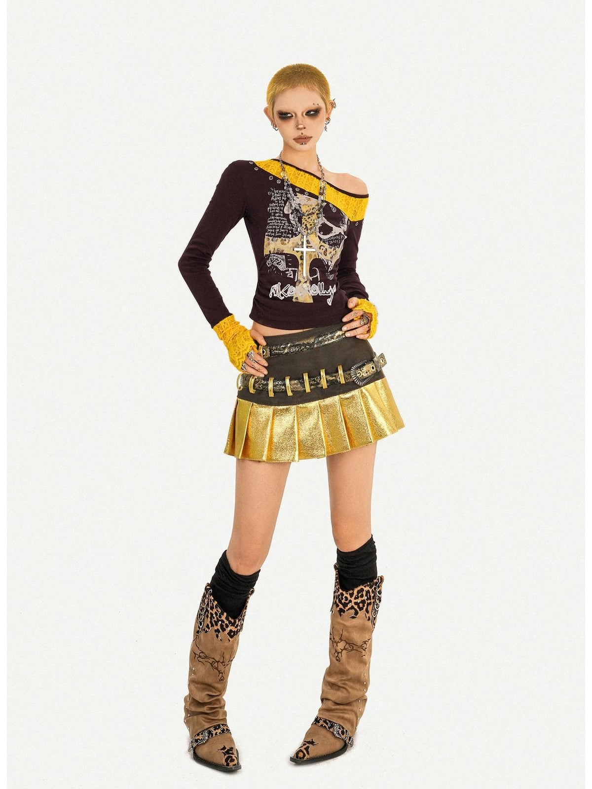 Nico Molly Gold Patchwork Double Waist Pleated Low Rise Women&