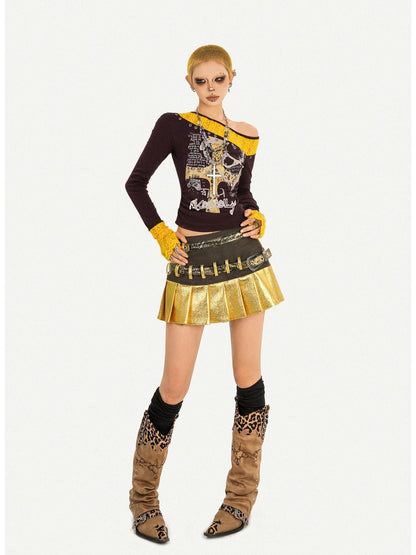 Nico Molly Gold Patchwork Double Waist Pleated Low Rise Women&