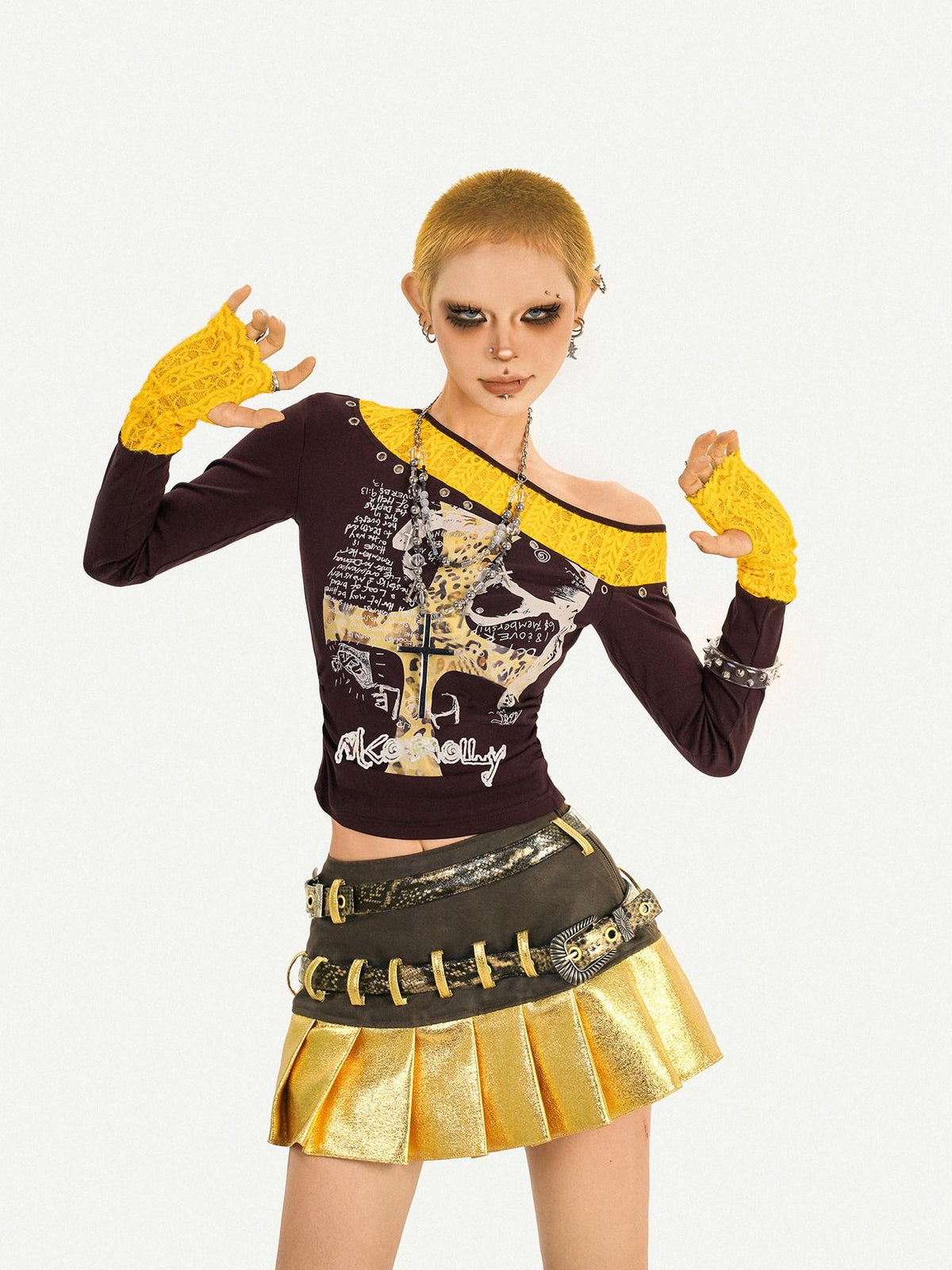 Nico Molly Gold Patchwork Double Waist Pleated Low Rise Women&