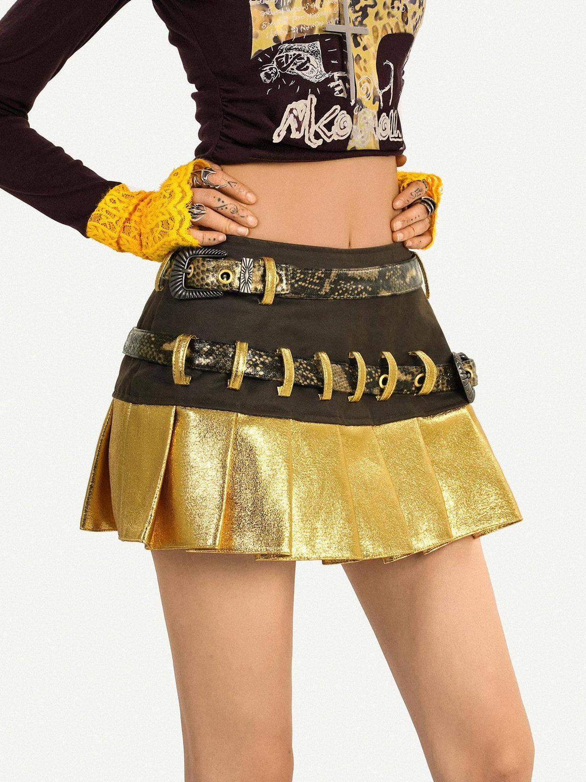 Nico Molly Gold Patchwork Double Waist Pleated Low Rise Women&