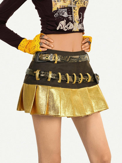 Nico Molly Gold Patchwork Double Waist Pleated Low Rise Women&