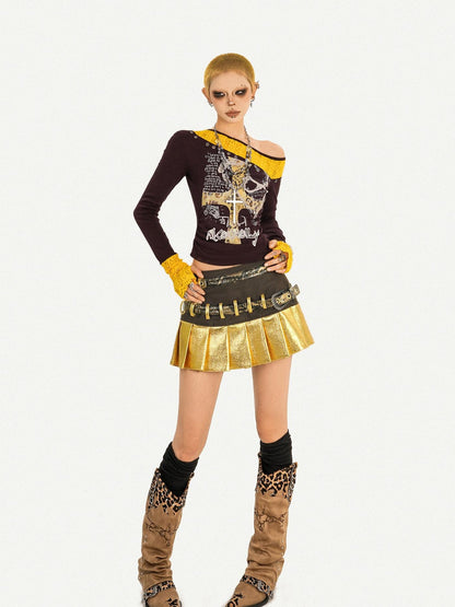 Nico Molly Gold Patchwork Double Waist Pleated Low Rise Women&