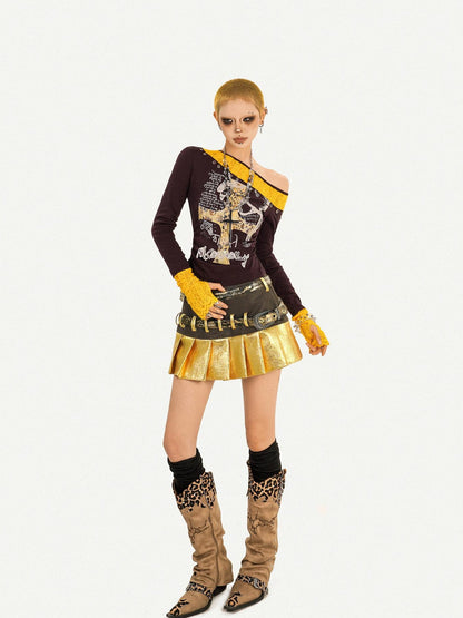 Nico Molly Gold Patchwork Double Waist Pleated Low Rise Women&