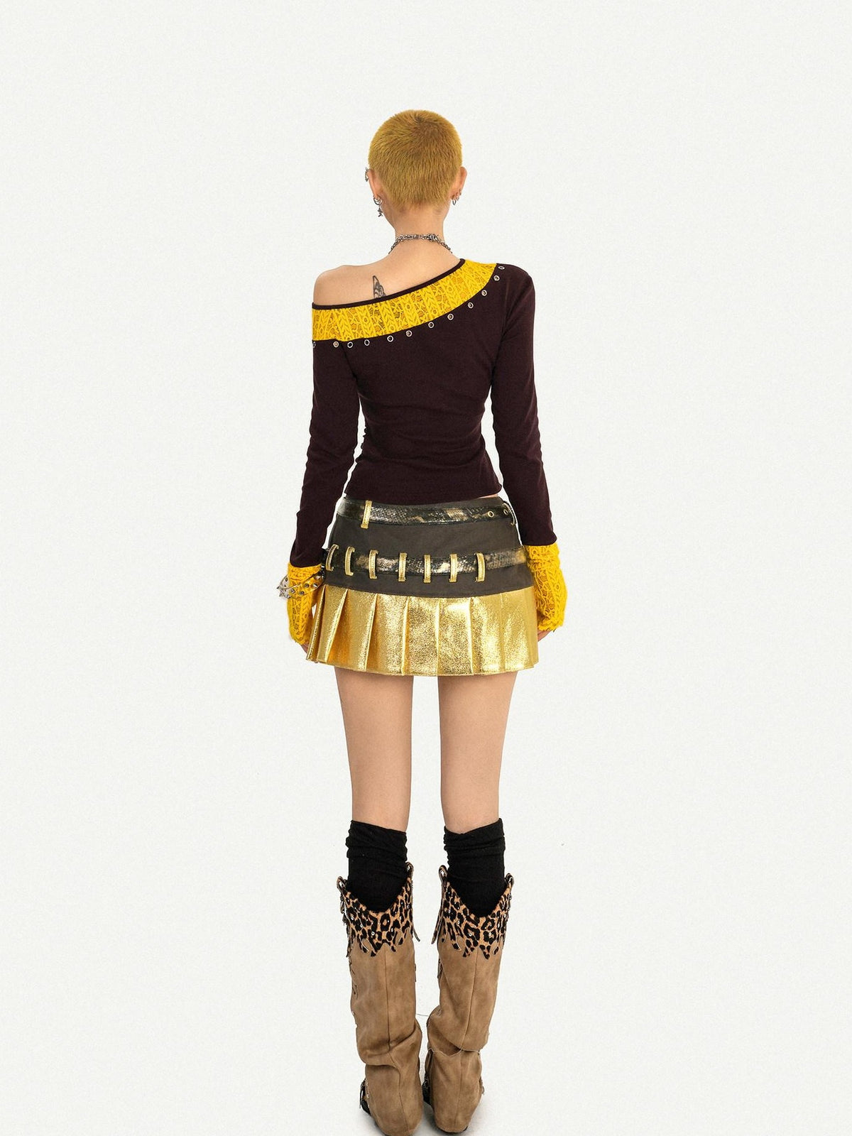 Nico Molly Gold Patchwork Double Waist Pleated Low Rise Women&