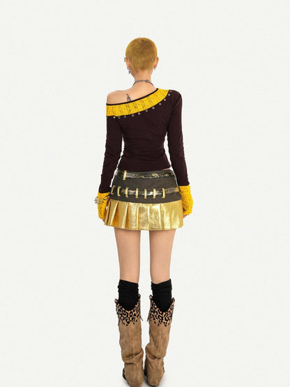 Nico Molly Gold Patchwork Double Waist Pleated Low Rise Women&