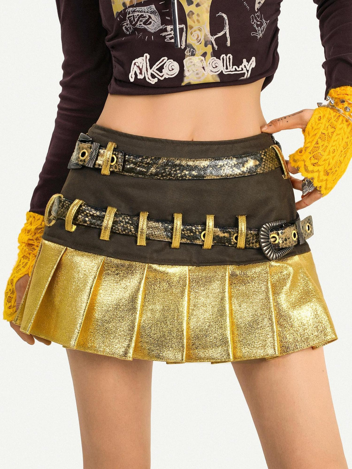 Nico Molly Gold Patchwork Double Waist Pleated Low Rise Women&