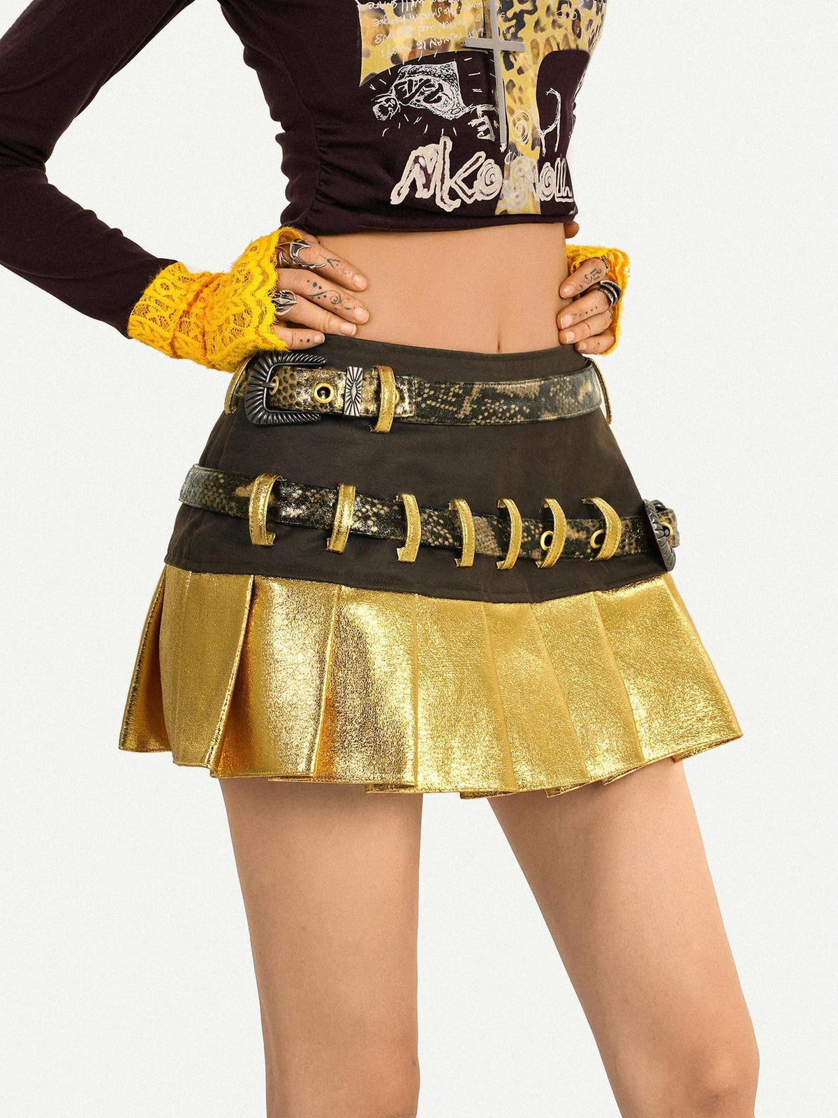 Nico Molly Gold Patchwork Double Waist Pleated Low Rise Women&