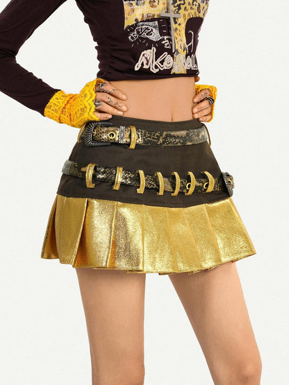 Nico Molly Gold Patchwork Double Waist Pleated Low Rise Women&