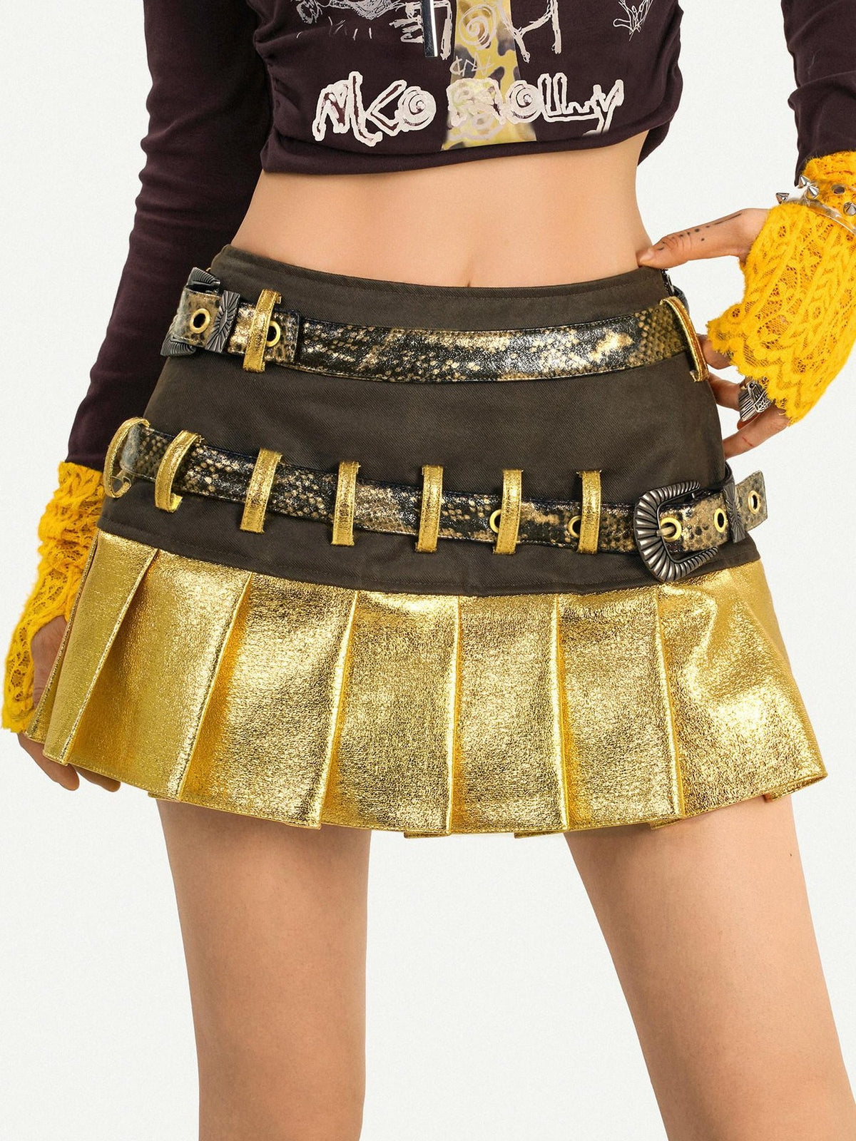 Nico Molly Gold Patchwork Double Waist Pleated Low Rise Women&
