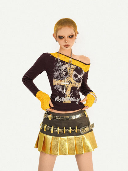 Nico Molly Gold Patchwork Double Waist Pleated Low Rise Women&