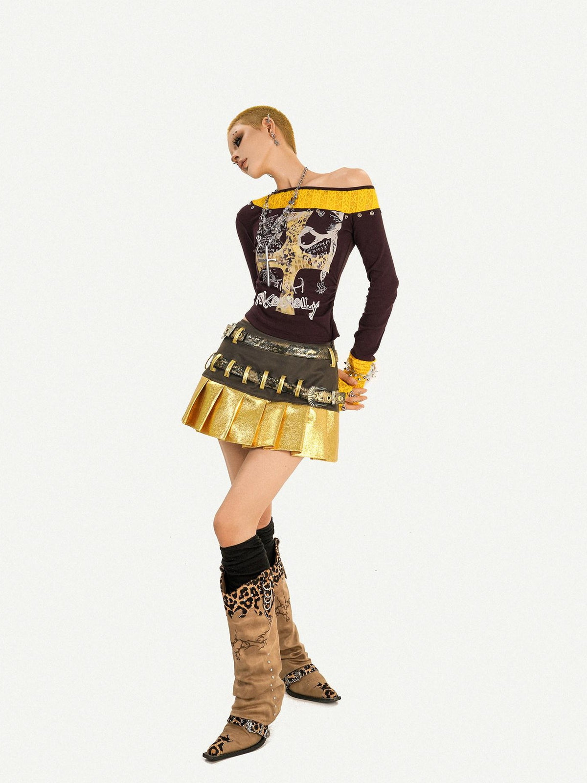 Nico Molly Gold Patchwork Double Waist Pleated Low Rise Women&