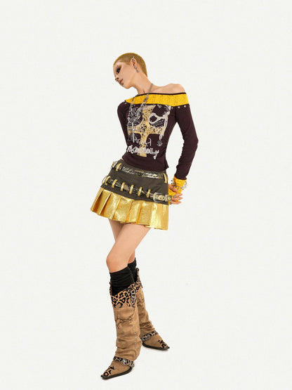 Nico Molly Gold Patchwork Double Waist Pleated Low Rise Women&