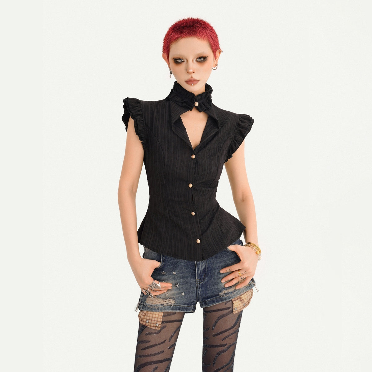 Nico_Molly_Gothic_Black_Ruffle_Cinched_Waist_Sleeveless_Slimming_Women&