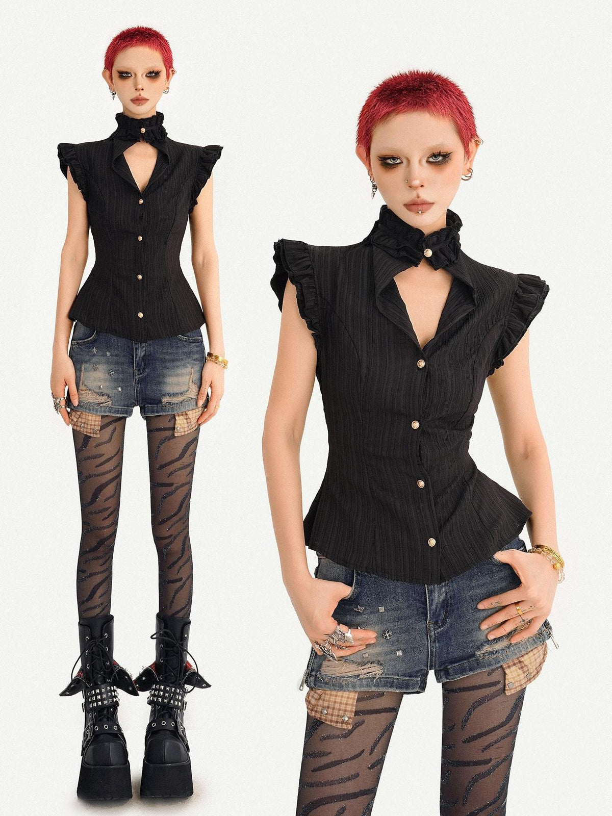 Nico Molly Gothic Black Ruffle Cinched Waist Sleeveless Slimming Women&