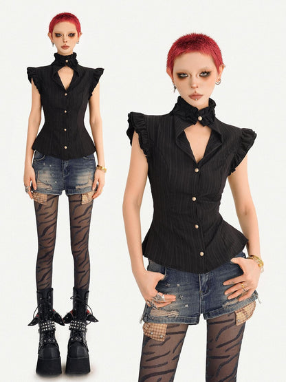 Nico Molly Gothic Black Ruffle Cinched Waist Sleeveless Slimming Women&