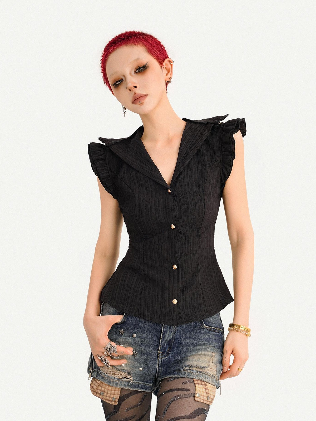 Nico Molly Gothic Black Ruffle Cinched Waist Sleeveless Slimming Women&