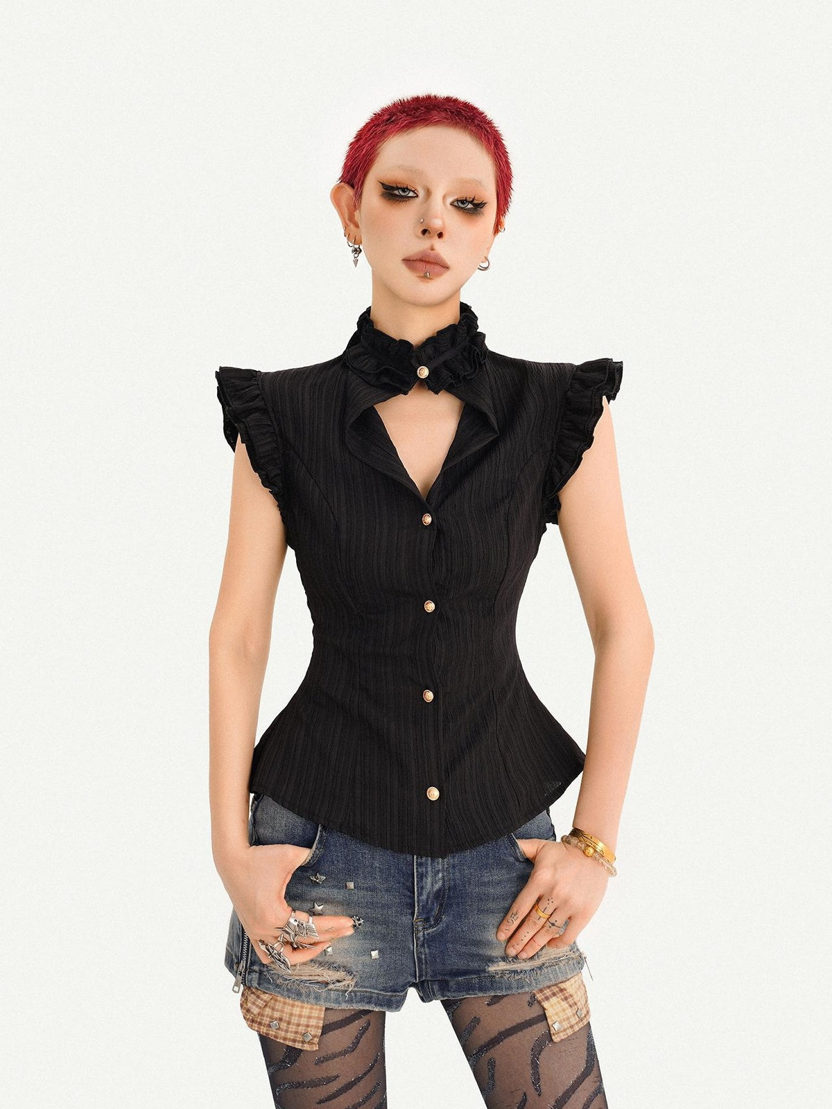 Nico Molly Gothic Black Ruffle Cinched Waist Sleeveless Slimming Women&