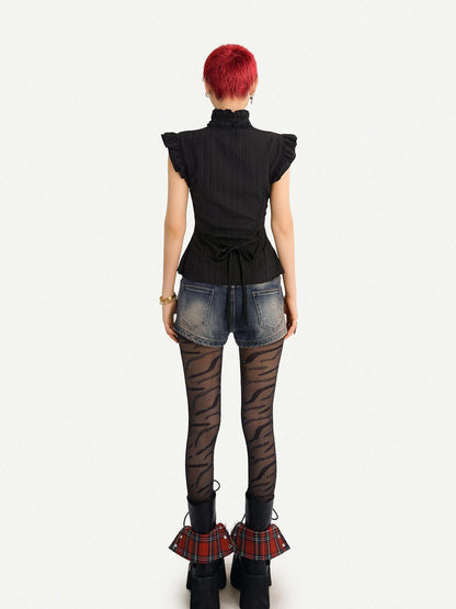 Nico Molly Gothic Black Ruffle Cinched Waist Sleeveless Slimming Women&