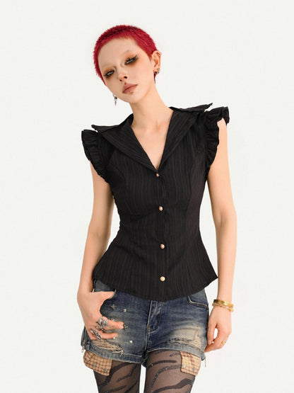 Nico Molly Gothic Black Ruffle Cinched Waist Sleeveless Slimming Women&