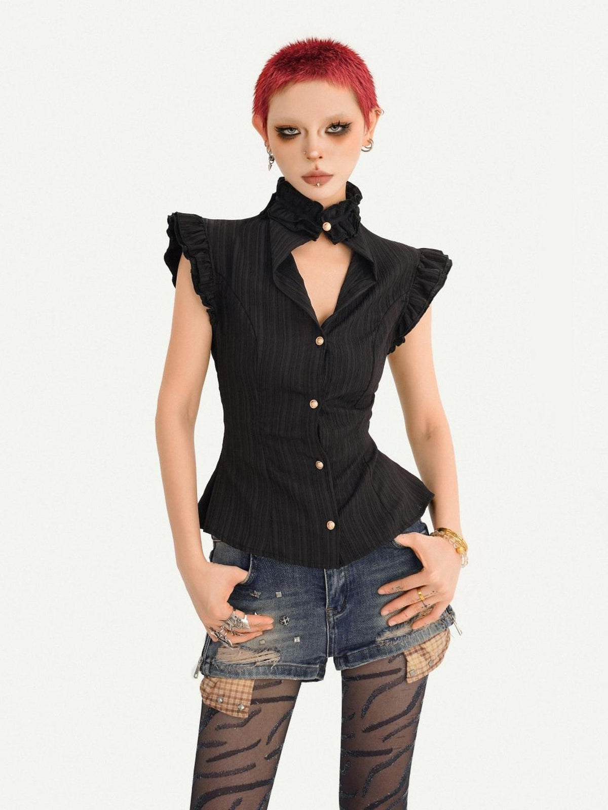 Nico Molly Gothic Black Ruffle Cinched Waist Sleeveless Slimming Women&