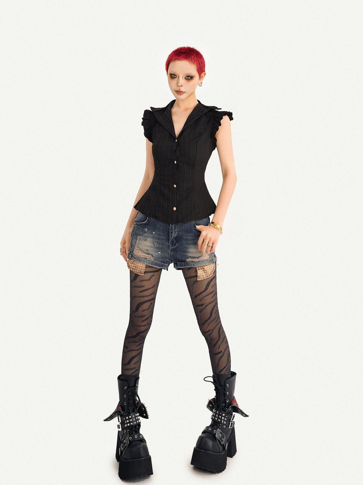Nico Molly Gothic Black Ruffle Cinched Waist Sleeveless Slimming Women&