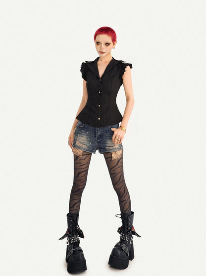 Nico Molly Gothic Black Ruffle Cinched Waist Sleeveless Slimming Women&