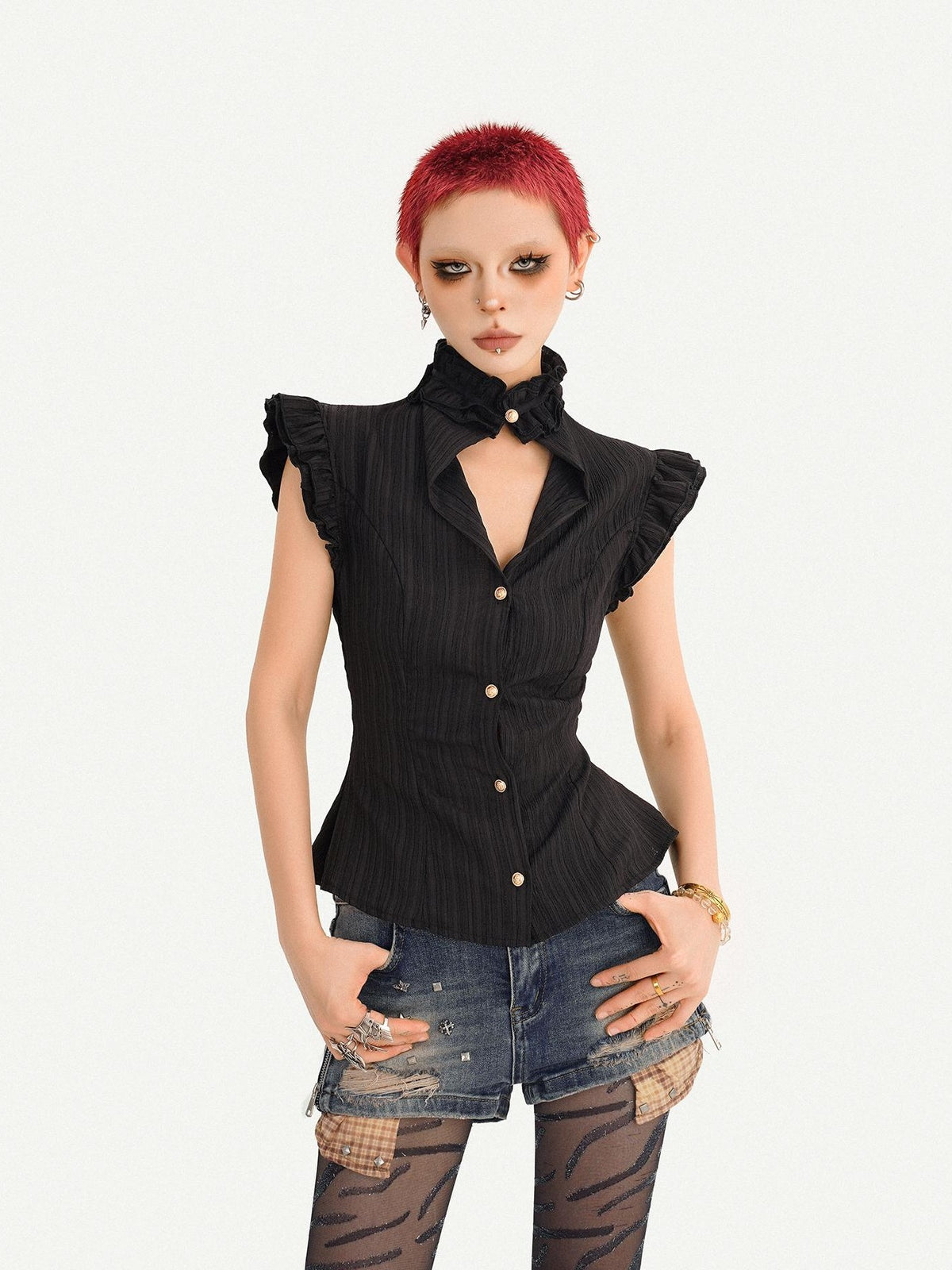 Nico Molly Gothic Black Ruffle Cinched Waist Sleeveless Slimming Women&