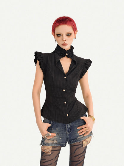 Nico Molly Gothic Black Ruffle Cinched Waist Sleeveless Slimming Women&