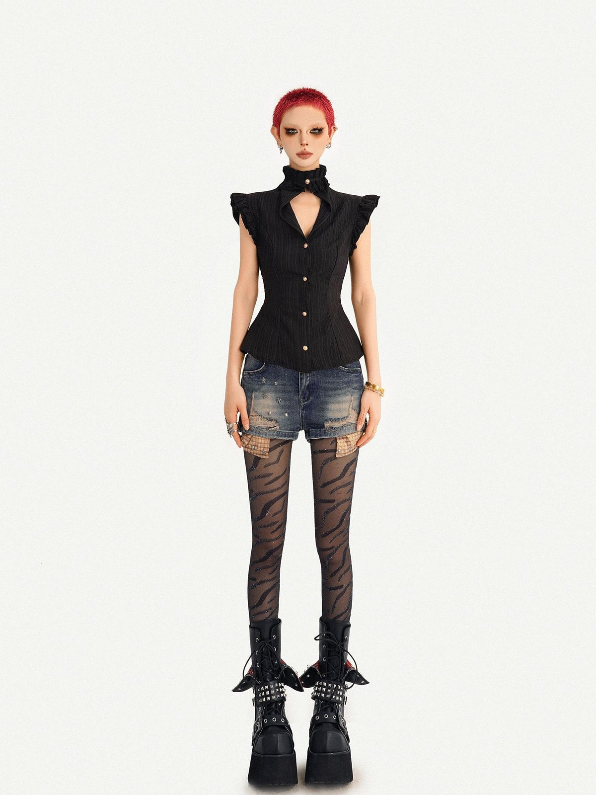 Nico Molly Gothic Black Ruffle Cinched Waist Sleeveless Slimming Women&