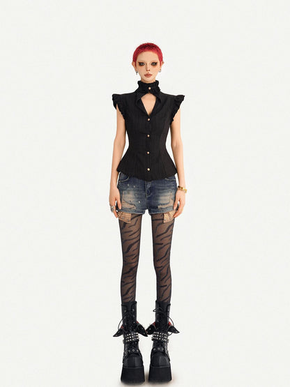 Nico Molly Gothic Black Ruffle Cinched Waist Sleeveless Slimming Women&