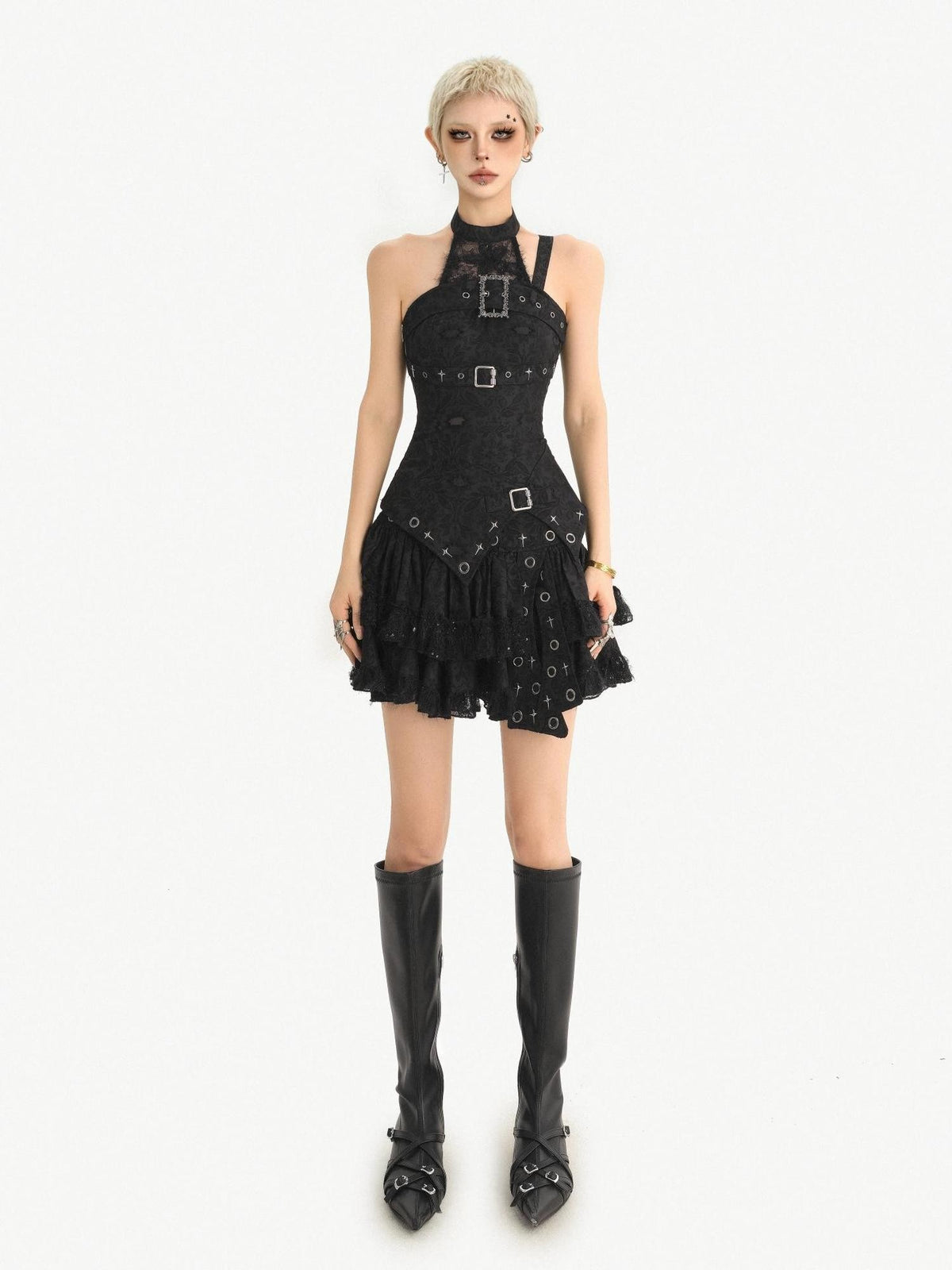 Nico Molly Gothic Halter Metal Buckle Cinched Asymmetrical Women&