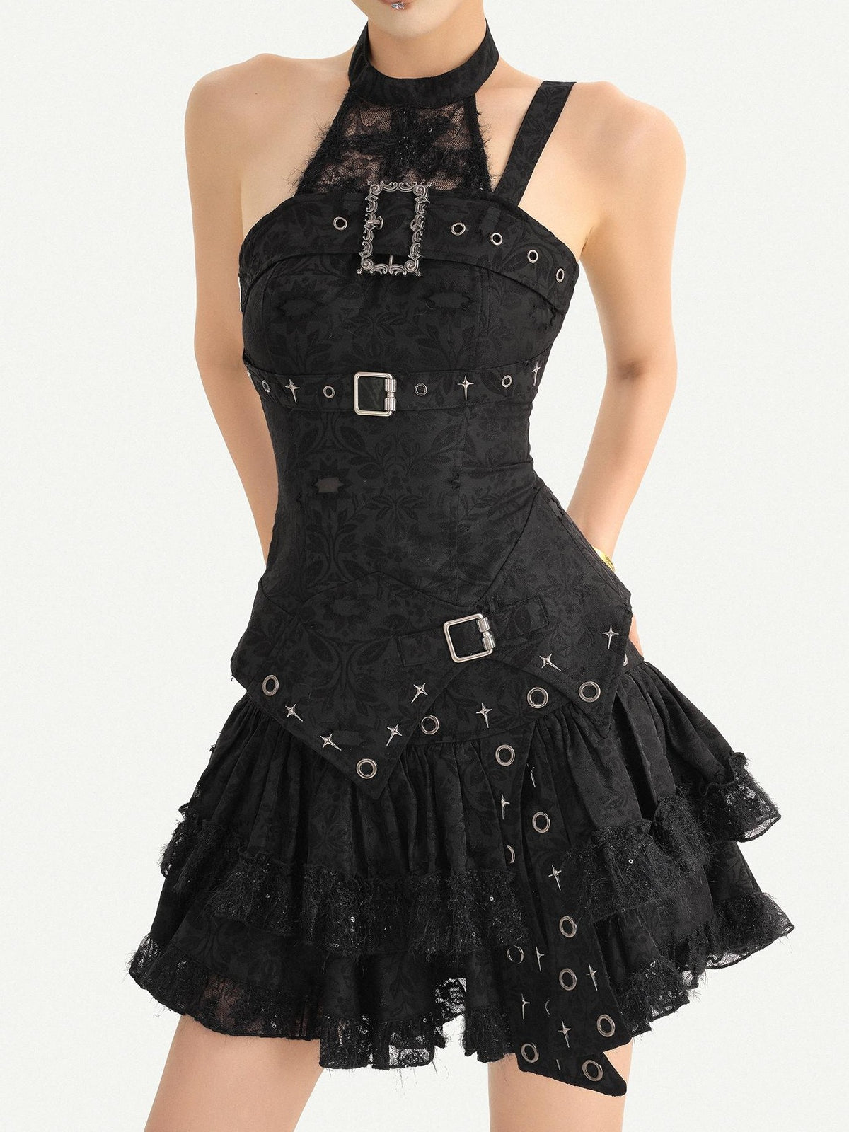 Nico Molly Gothic Halter Metal Buckle Cinched Asymmetrical Women&