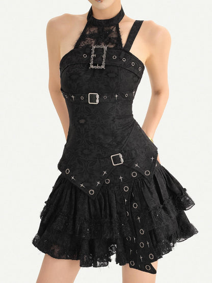 Nico Molly Gothic Halter Metal Buckle Cinched Asymmetrical Women&