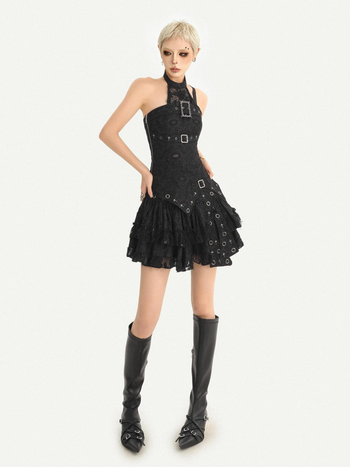 Nico Molly Gothic Halter Metal Buckle Cinched Asymmetrical Women&