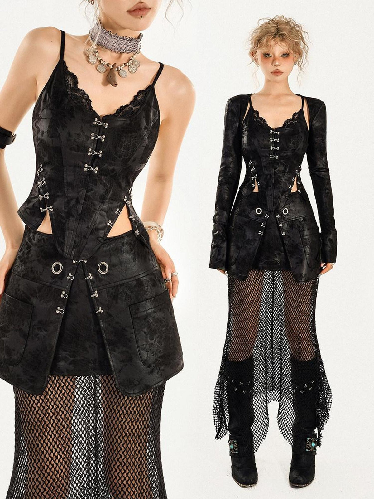 Nico Molly Gothic Mesh Street V-neck Vest Three Piece Women&