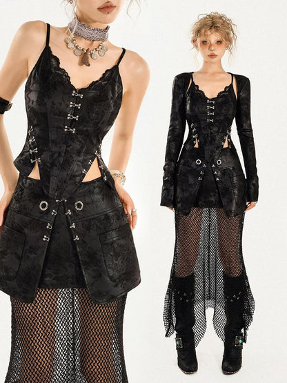 Nico Molly Gothic Mesh Street V-neck Vest Three Piece Women&