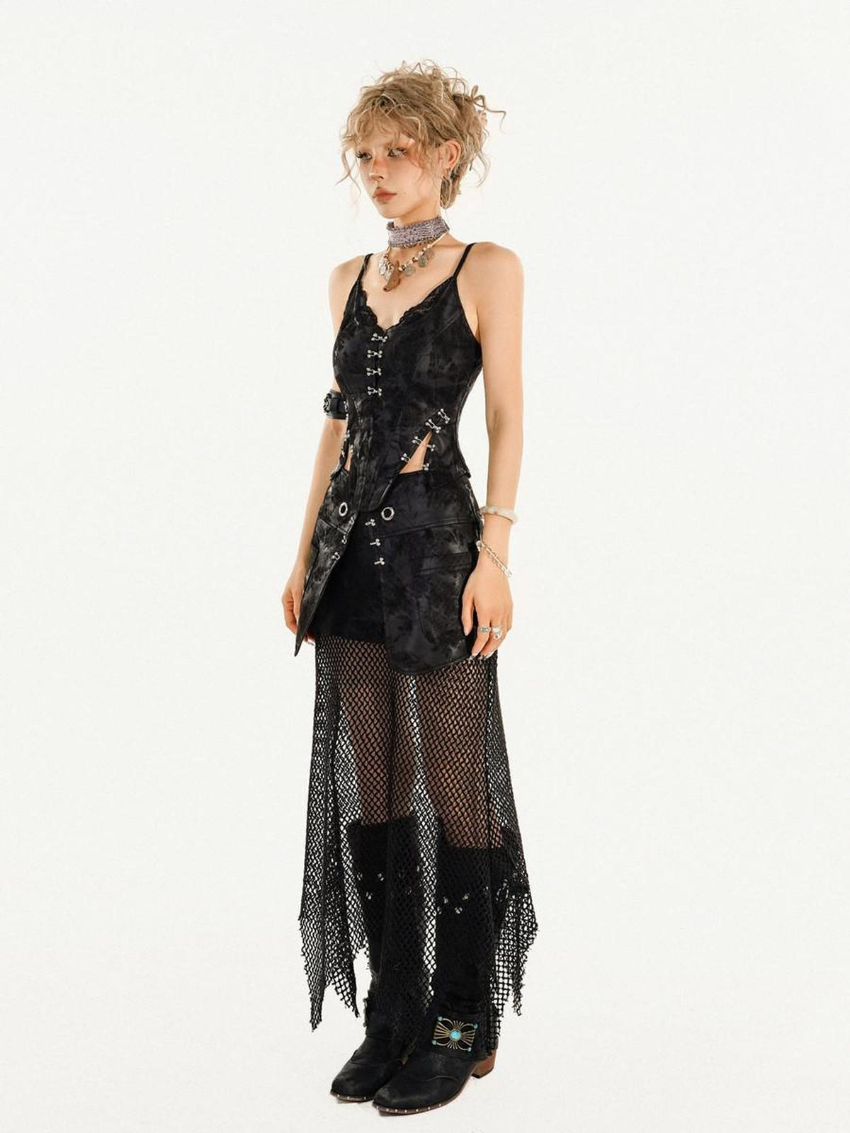 Nico Molly Gothic Mesh Street V-neck Vest Three Piece Women&