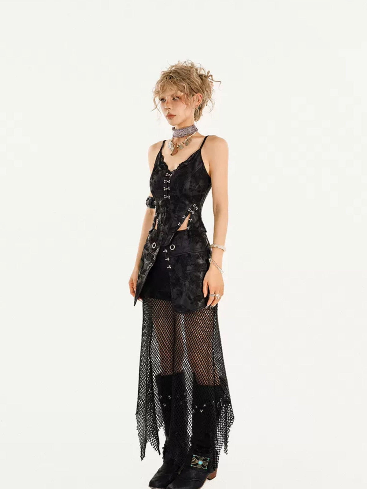 Nico Molly Gothic Mesh Street V-neck Vest Three Piece Women&
