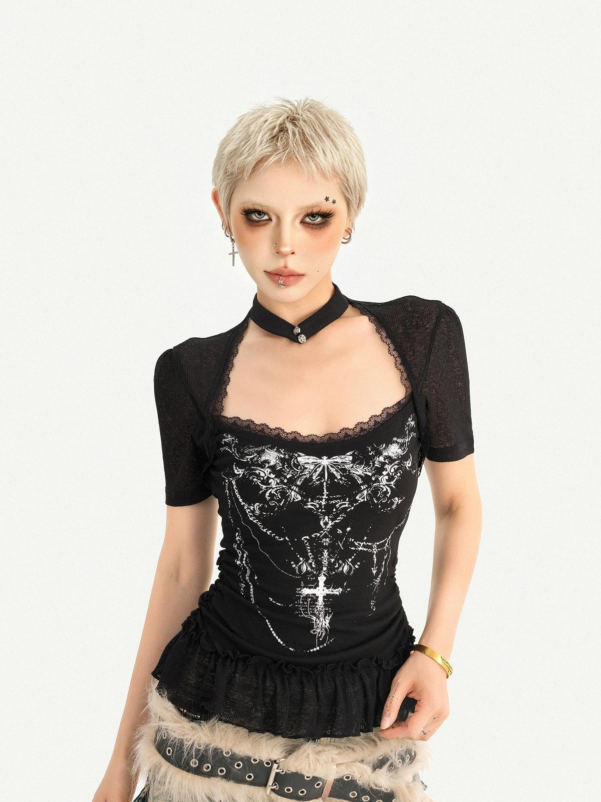Nico Molly Gothic Patchwork Lace Print Square Neck A Line Sleeve Women&