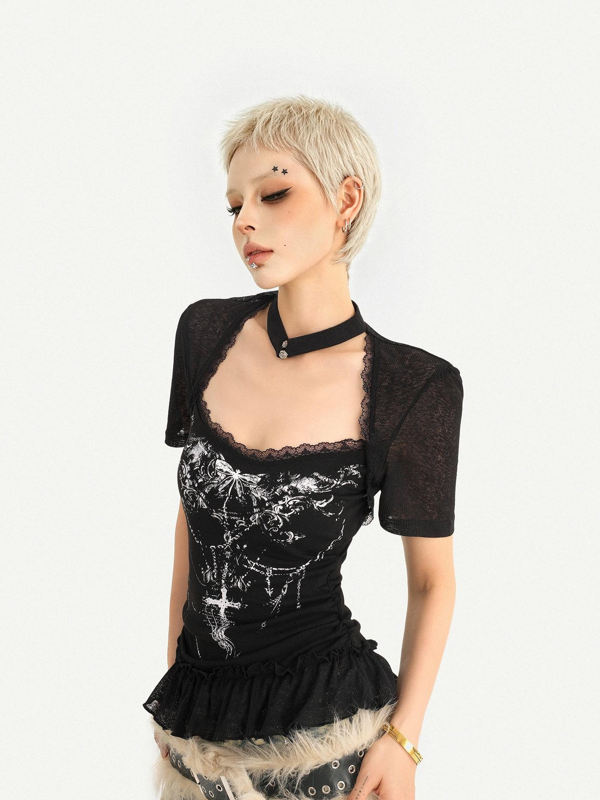 Nico Molly Gothic Patchwork Lace Print Square Neck A Line Sleeve Women&