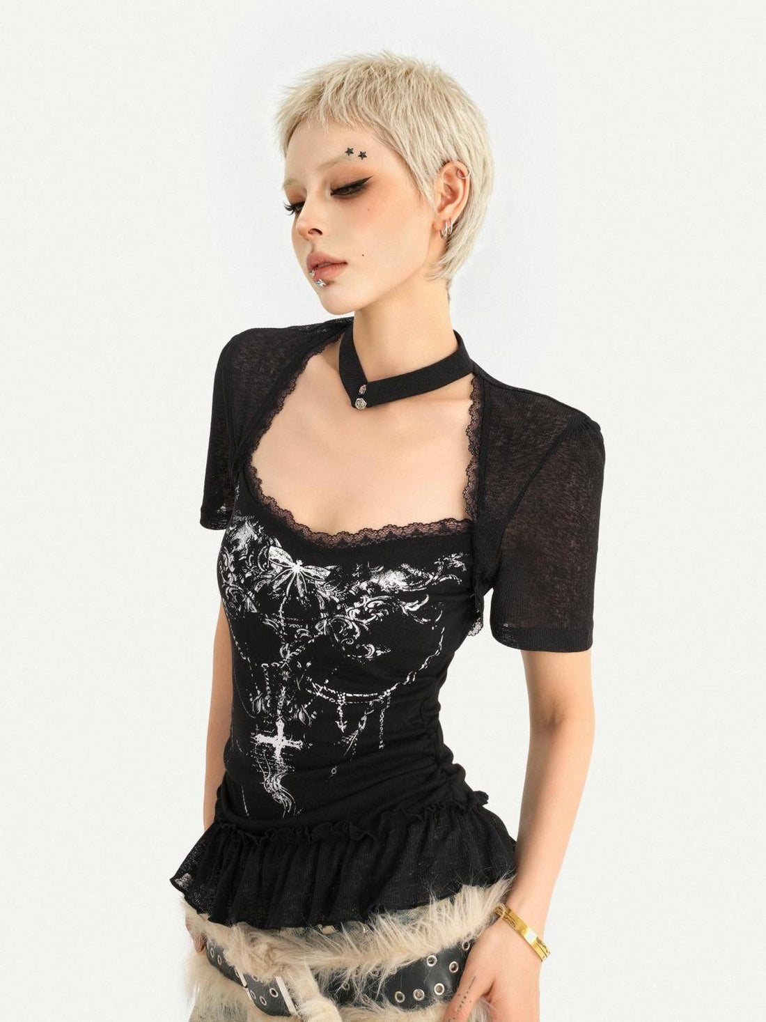 Nico Molly Gothic Patchwork Lace Print Square Neck A Line Sleeve Women&
