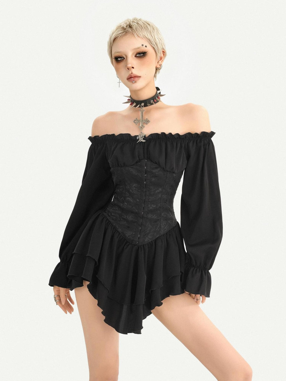 Nico Molly Gothic Ruffle Lantern Sleeve Off Shoulder Waist Cinch Women&