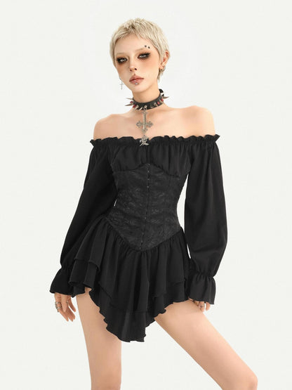 Nico Molly Gothic Ruffle Lantern Sleeve Off Shoulder Waist Cinch Women&