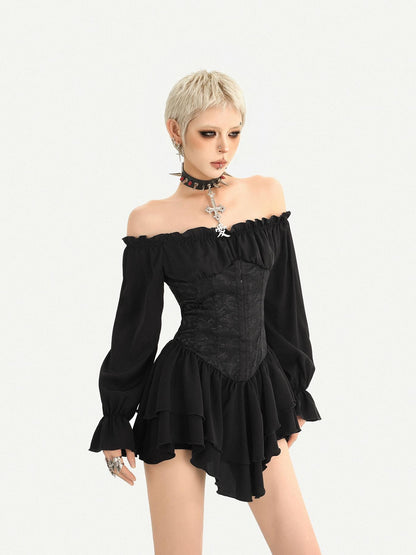 Nico Molly Gothic Ruffle Lantern Sleeve Off Shoulder Waist Cinch Women&