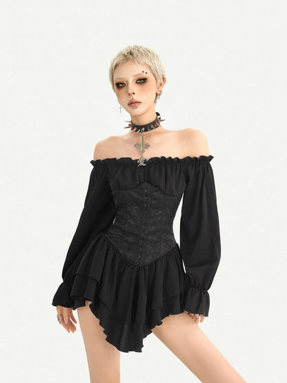 Nico Molly Gothic Ruffle Lantern Sleeve Off Shoulder Waist Cinch Women&